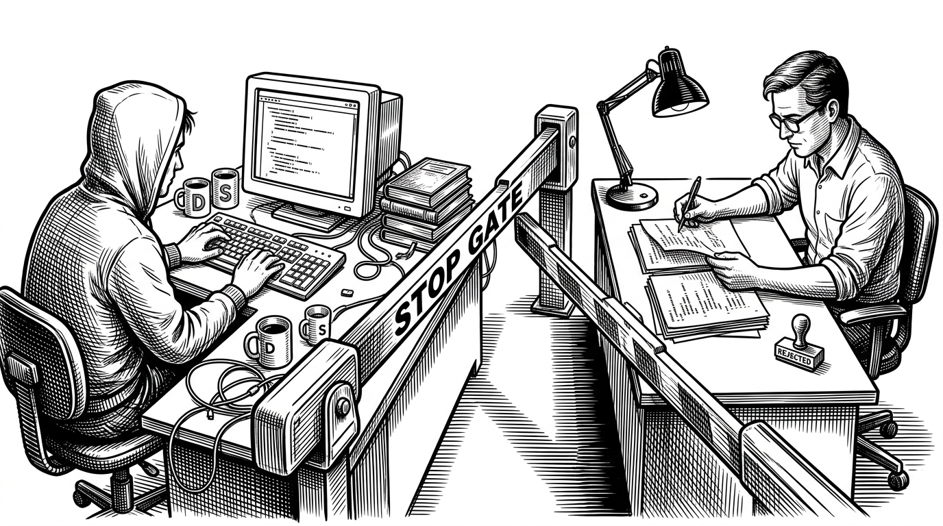 A developer sits at a terminal desk and is stopped by a hard red barrier while a second figure reviews a printed diff under a lamp. The scene explains Redline's core idea: review is not a later stage, it is an interruption inside the same working session.
