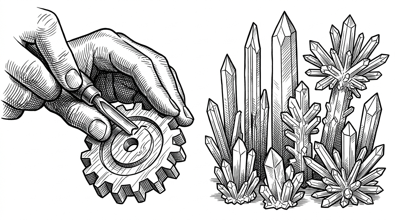 A split illustration showing a hand carving a single gear on the left, and a self-growing crystal garden on the right.