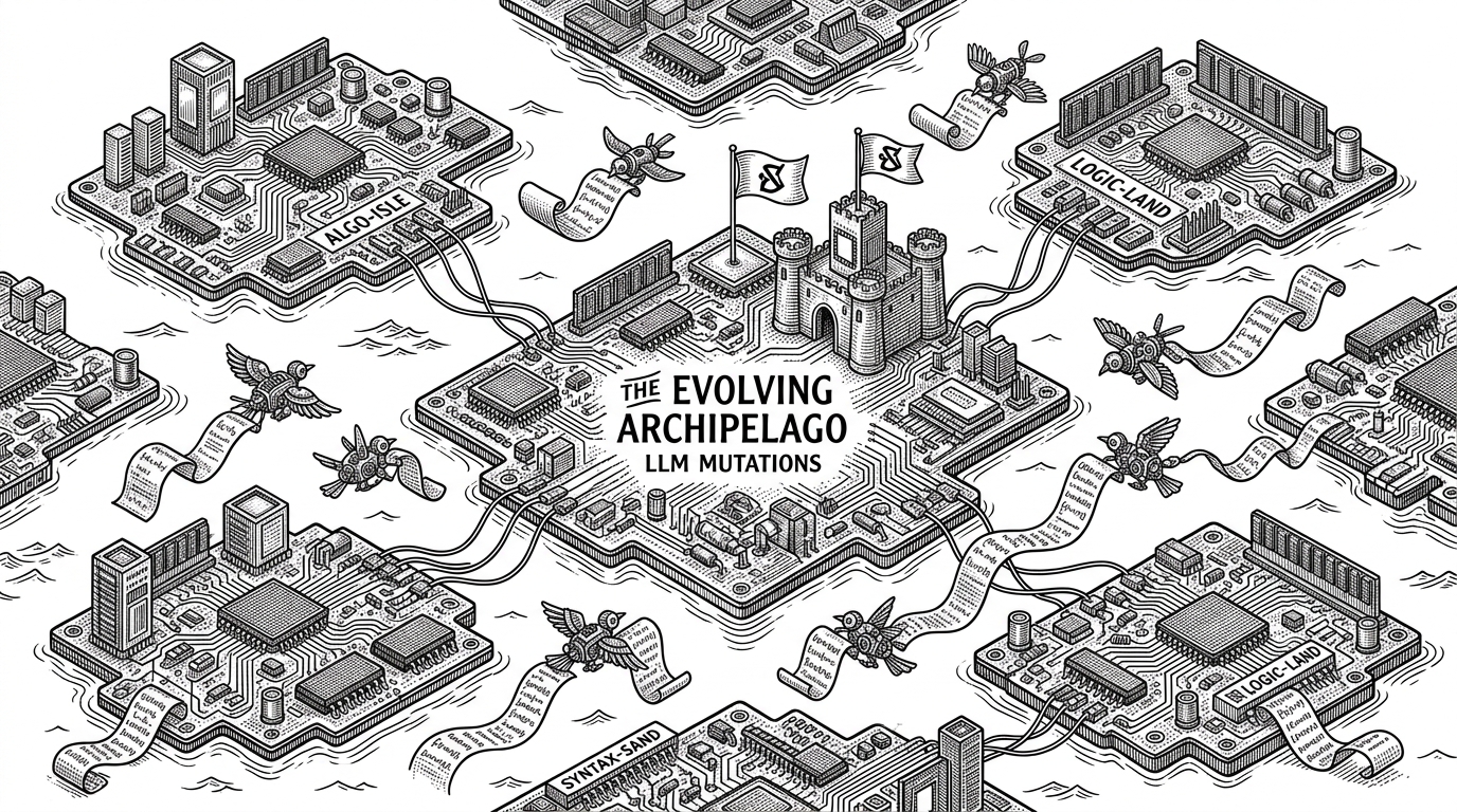 A stylized archipelago of floating motherboards with mechanical birds flying between them, representing isolated code populations and LLM mutations.