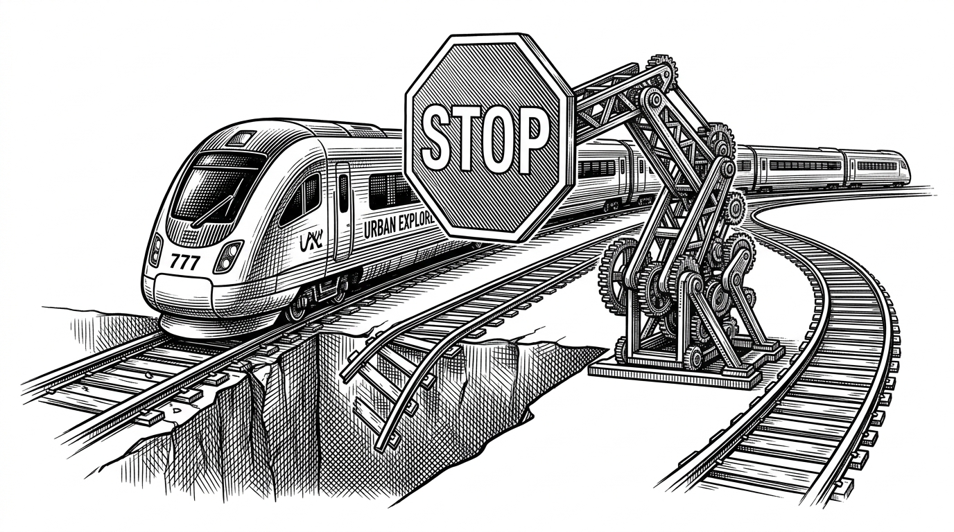 A high-speed train rushing toward a gap in the tracks, with a mechanical arm swinging a STOP sign into place to reroute it.
