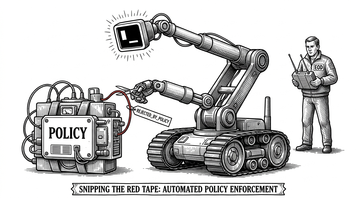 A black and white illustration of a bomb disposal robot with a terminal cursor for a claw, cutting a wire labeled REJECTED_BY_POLICY.
