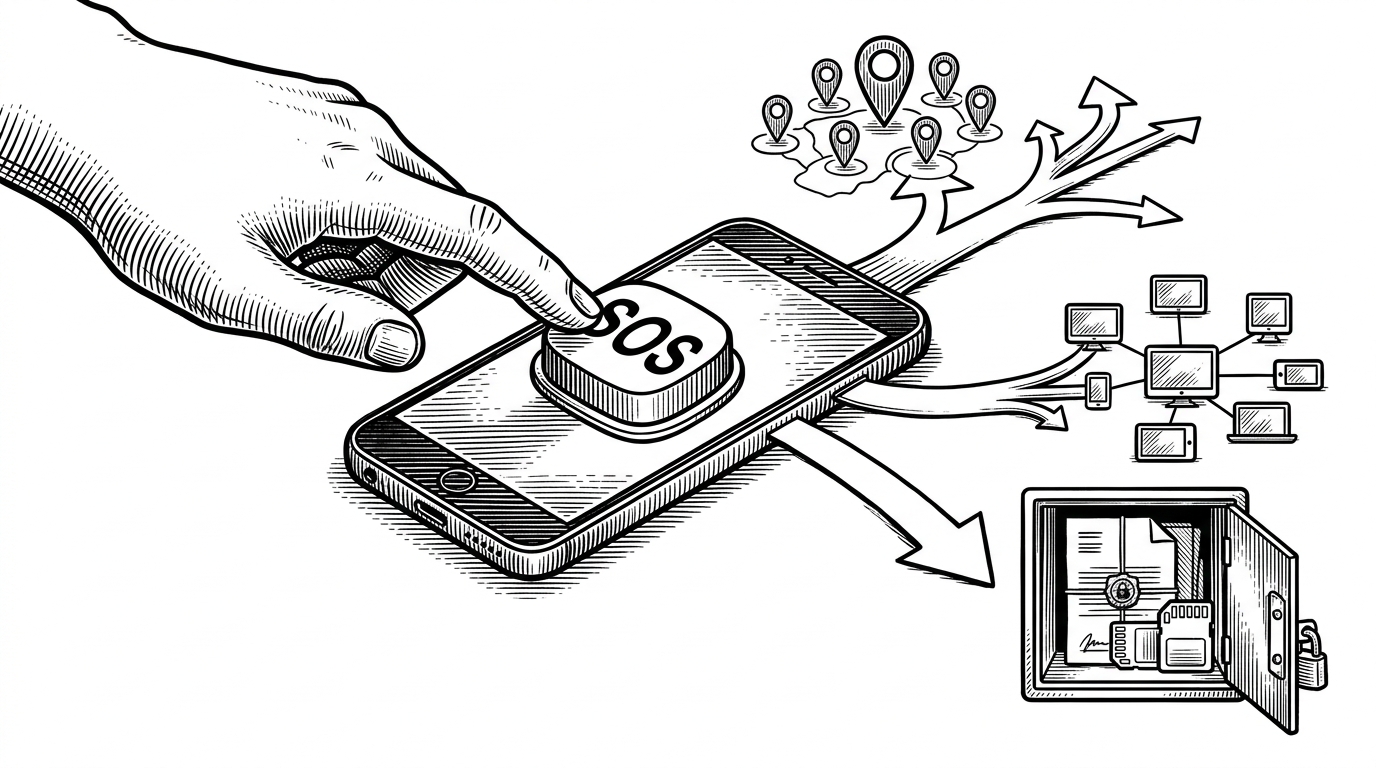 A hand hovers over a phone with a held SOS control while the alert branches into several paths. One branch reaches nearby responders on a map, another fans out to multiple devices, and a third drops into a locked evidence vault. It explains that NightShield treats one distress signal like a system that must survive failure at every step.