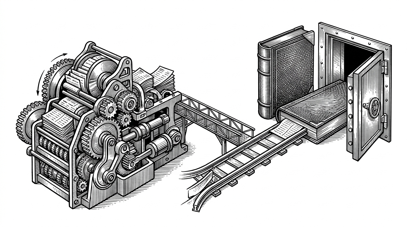 A wide black-ink editorial illustration of a split mechanical trading machine on a white background. One side keeps a compact matching mechanism moving while the other side diverts output into a separate ledger and storage vault, showing how speed and persistence are separated.