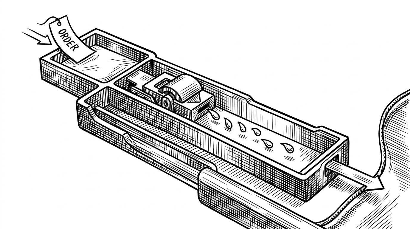 A close-up black-ink illustration of a single order moving through a narrow mechanical channel. It passes through a slab pool, snaps into a price level, emits fill records into a bounded buffer, and then continues toward a background journal thread.