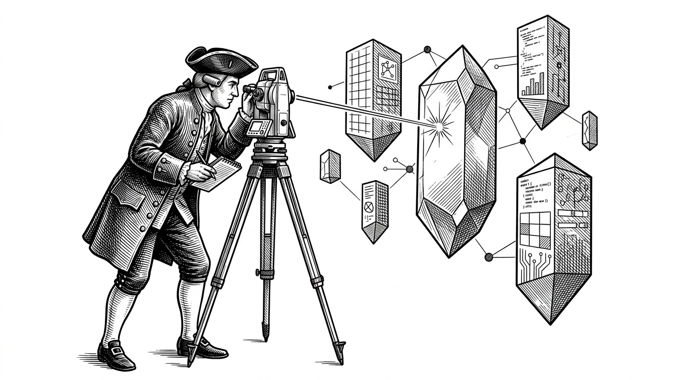 A surveyor in 18th-century attire using a modern laser-theodolite to map a digital landscape of floating monoliths, representing the mapping of a high-tech frontier.