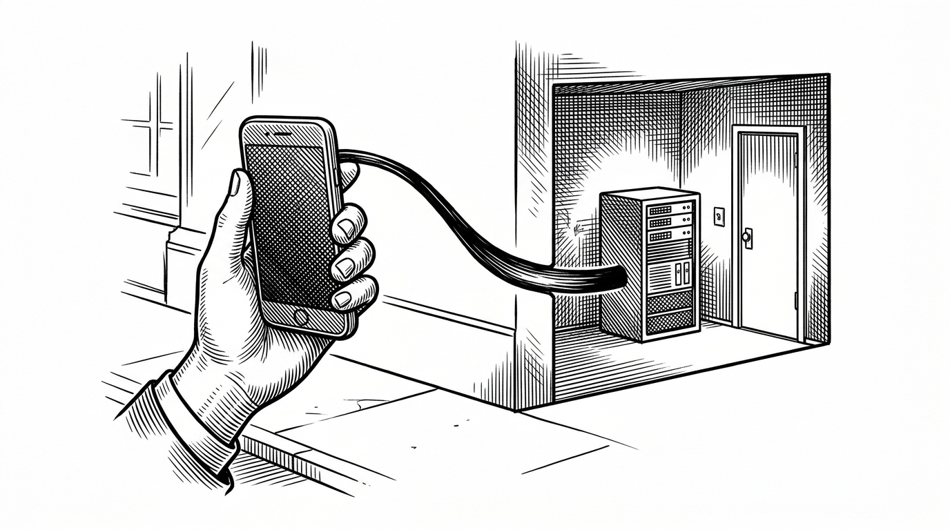 A hand holds a phone like a walkie-talkie while a narrow tunnel carries speech into a private basement server room. The image explains the repo's core idea: the phone is a remote control, and the agent stays behind a secure boundary.