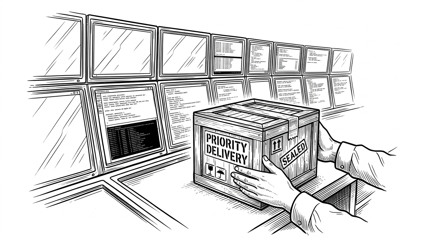 A sealed delivery crate arrives at a terminal control desk surrounded by pane-like windows, suggesting a small package that unlocks a larger workflow. The scene explains how a Homebrew tap can make an AI assistant feel native without rewriting the terminal experience.