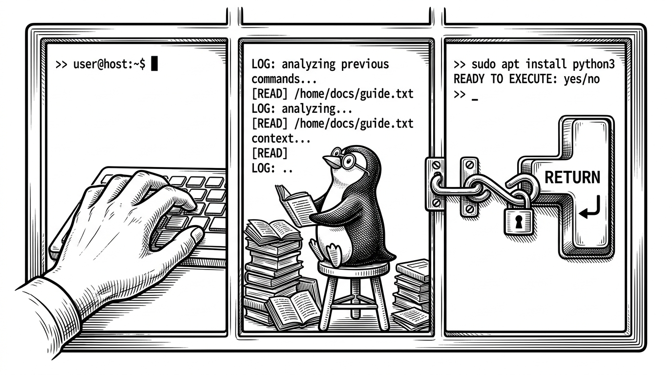 A close view of a terminal split into three panes, with one pane showing active work, one pane holding a quiet assistant, and one pane waiting for a command. The image explains how tmuxai fits beside existing activity instead of taking over the screen.