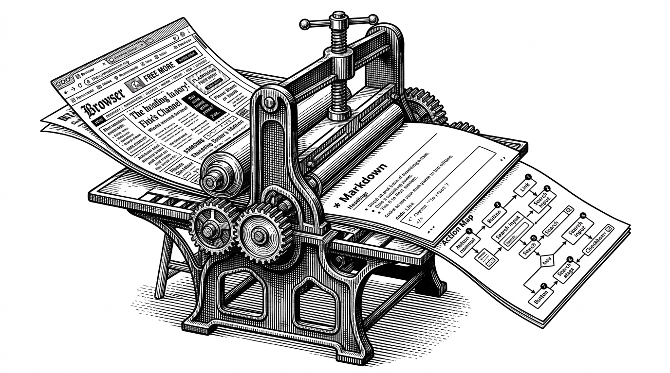 A noisy browser page is pressed through a machine and split into two clean outputs, one reading layer and one action map. The image explains the core idea that a single web page can become both readable markdown and a semantic map of things an agent can do.