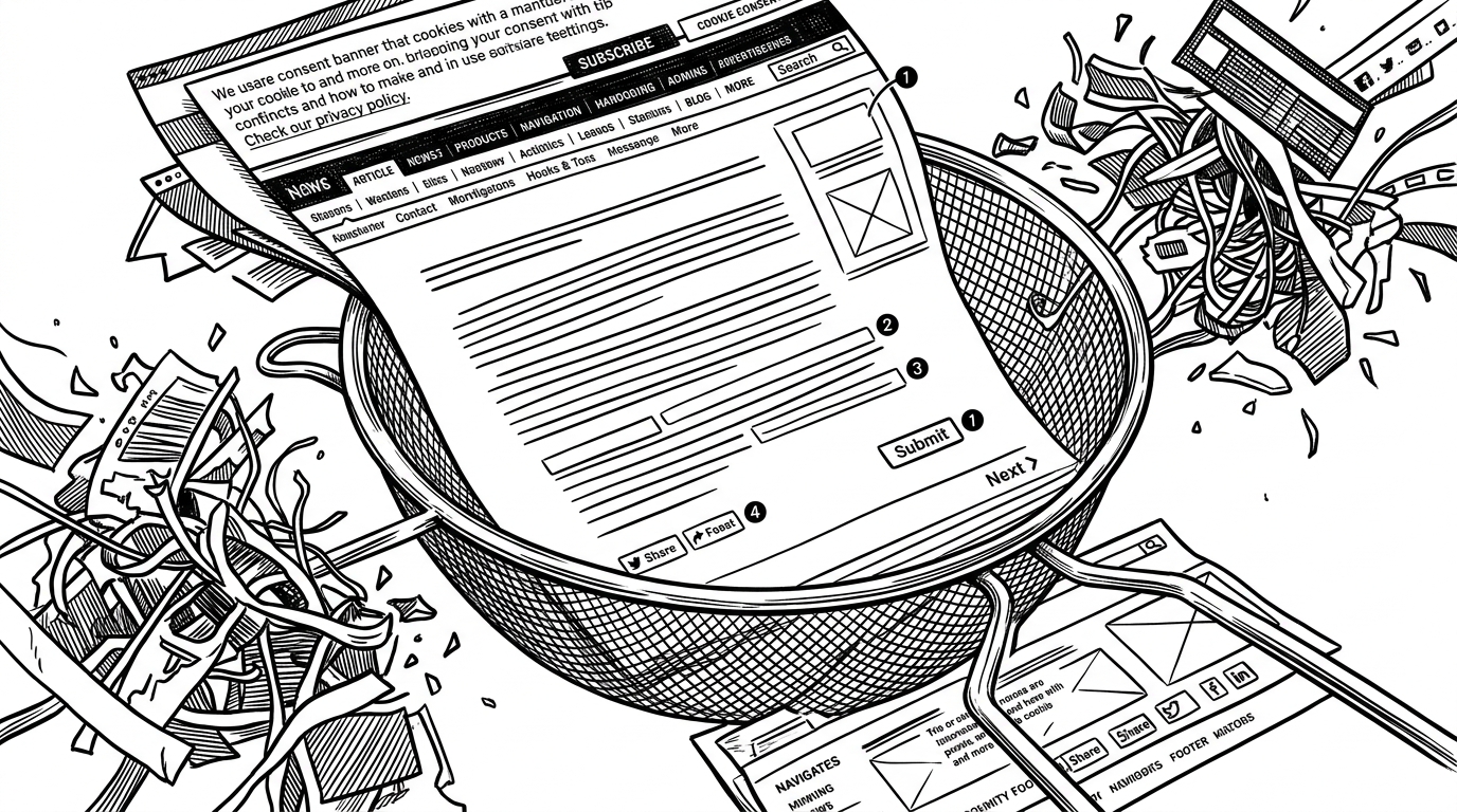 A tight view of a web page where cookie banners, nav bars, and footer clutter are being pulled away like debris through a sieve. In the center, the actual content remains, with clean numbered refs attached to the interactive elements to show what survives the filtering step.