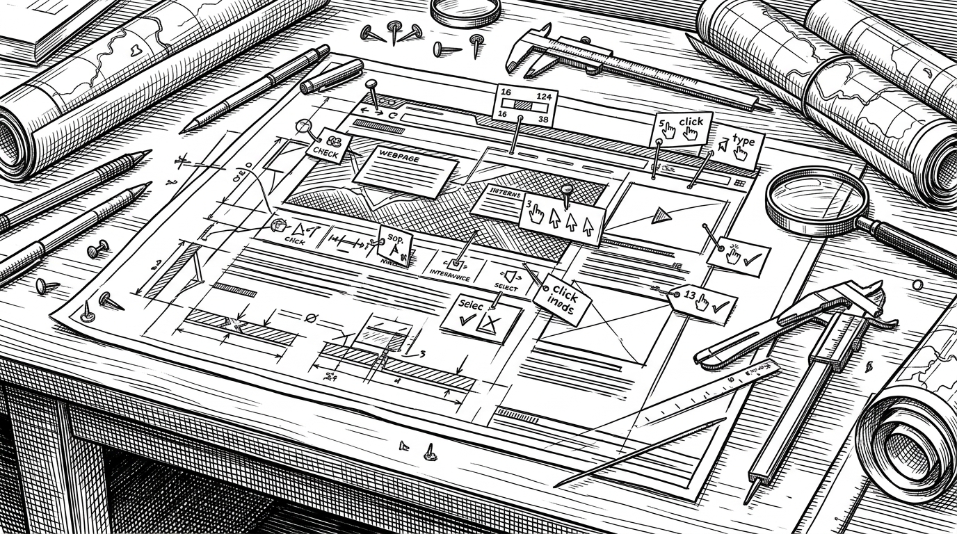 A drafting table shows a page blueprint with several interactive nodes pinned in place, each carrying a small ref number and an affordance tag such as click, type, or select. The image explains that the project assigns stable action labels instead of asking an agent to invent CSS selectors.