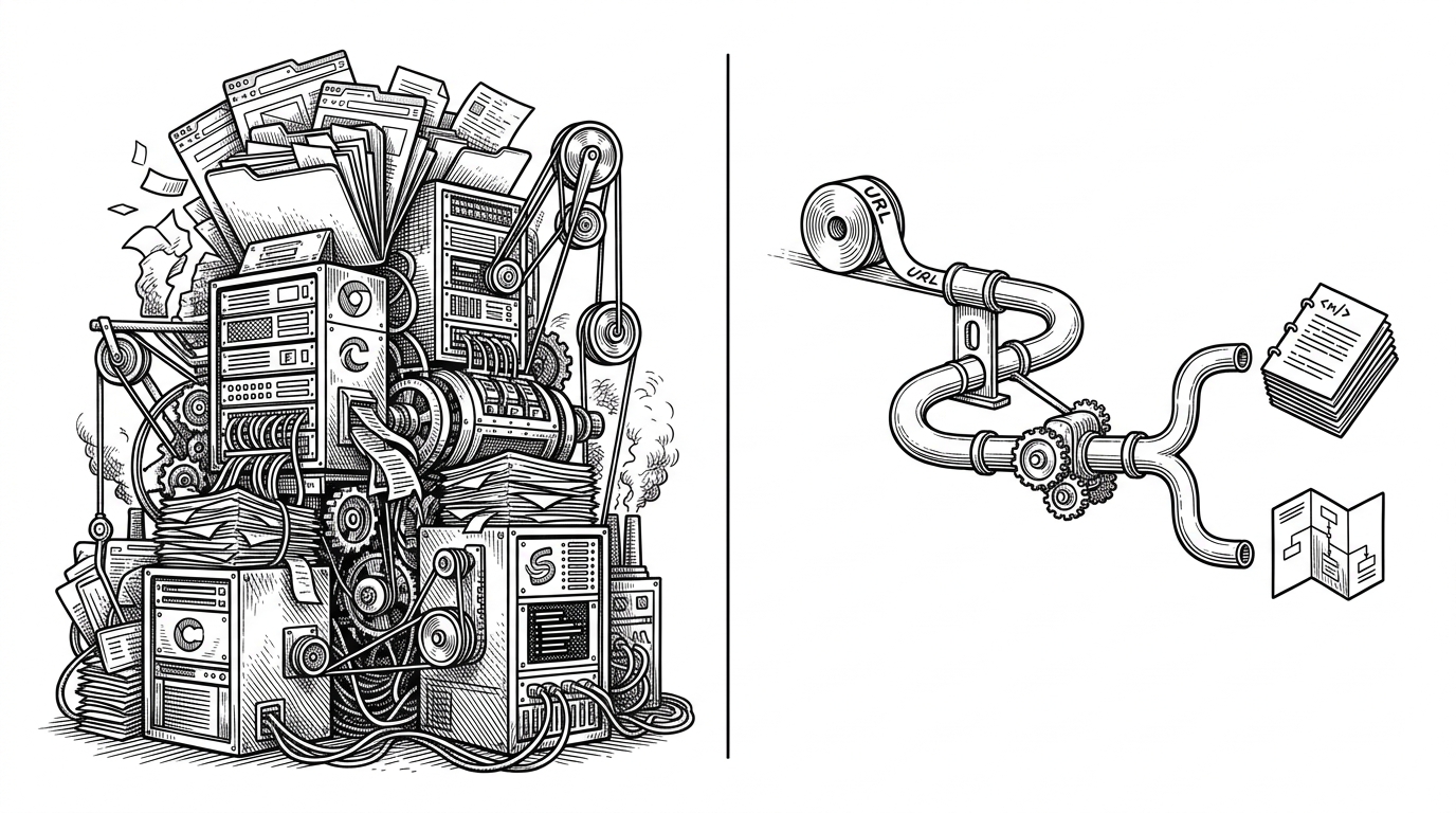 A split scene contrasts a heavy, cluttered browser stack on the left with a light edge pipeline on the right. The left side feels layered and expensive, while the right side turns a single URL into markdown and a PageMap with far less machinery, showing the tradeoff between traditional scraping and the repo's approach.