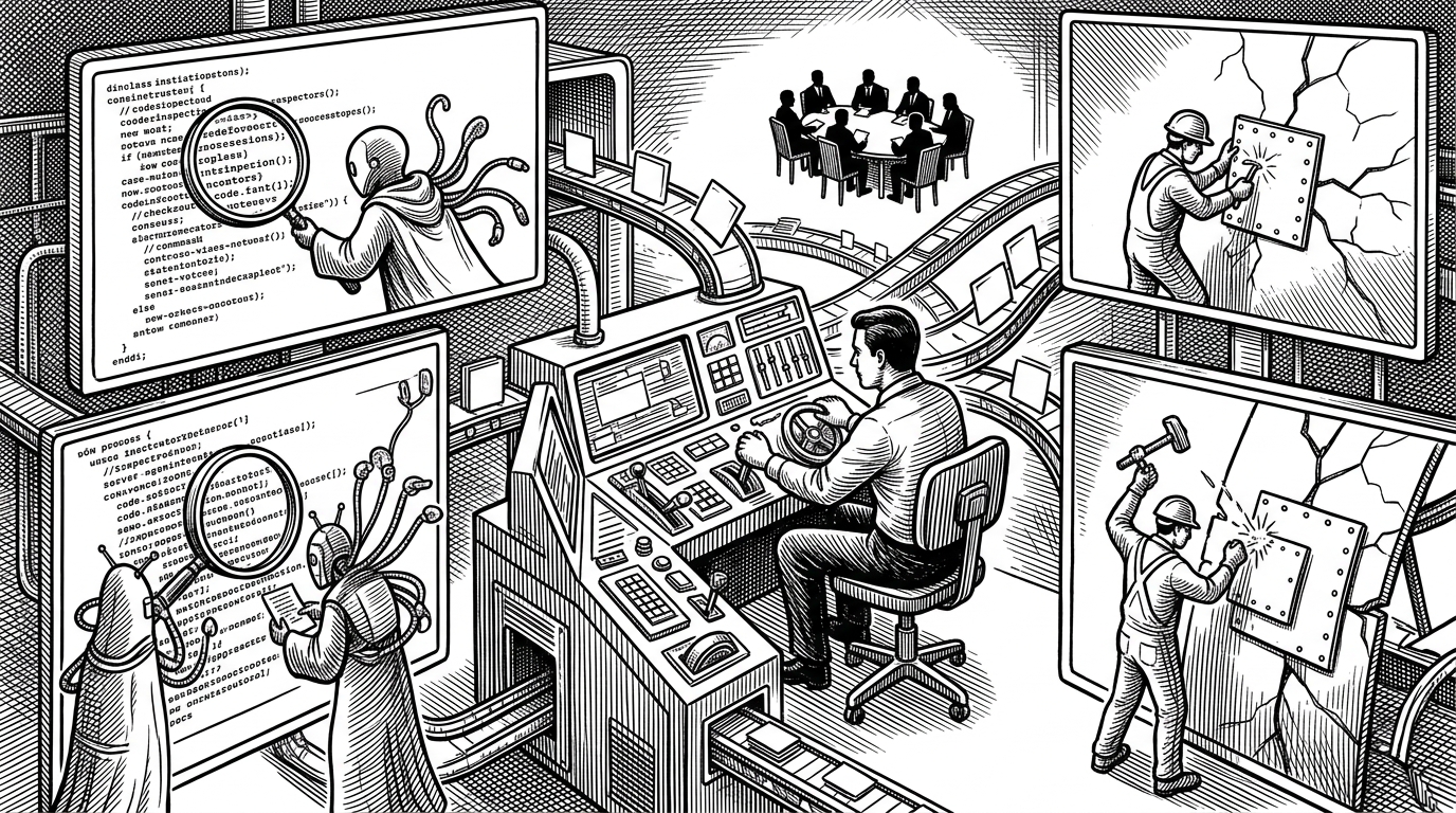 A wide terminal war room with multiple panes active at once. One central console routes tasks outward while smaller panes show specialists working in parallel, with the human still controlling the main view. It explains the project’s core idea: AI coding as managed teamwork, not a single chat window.
