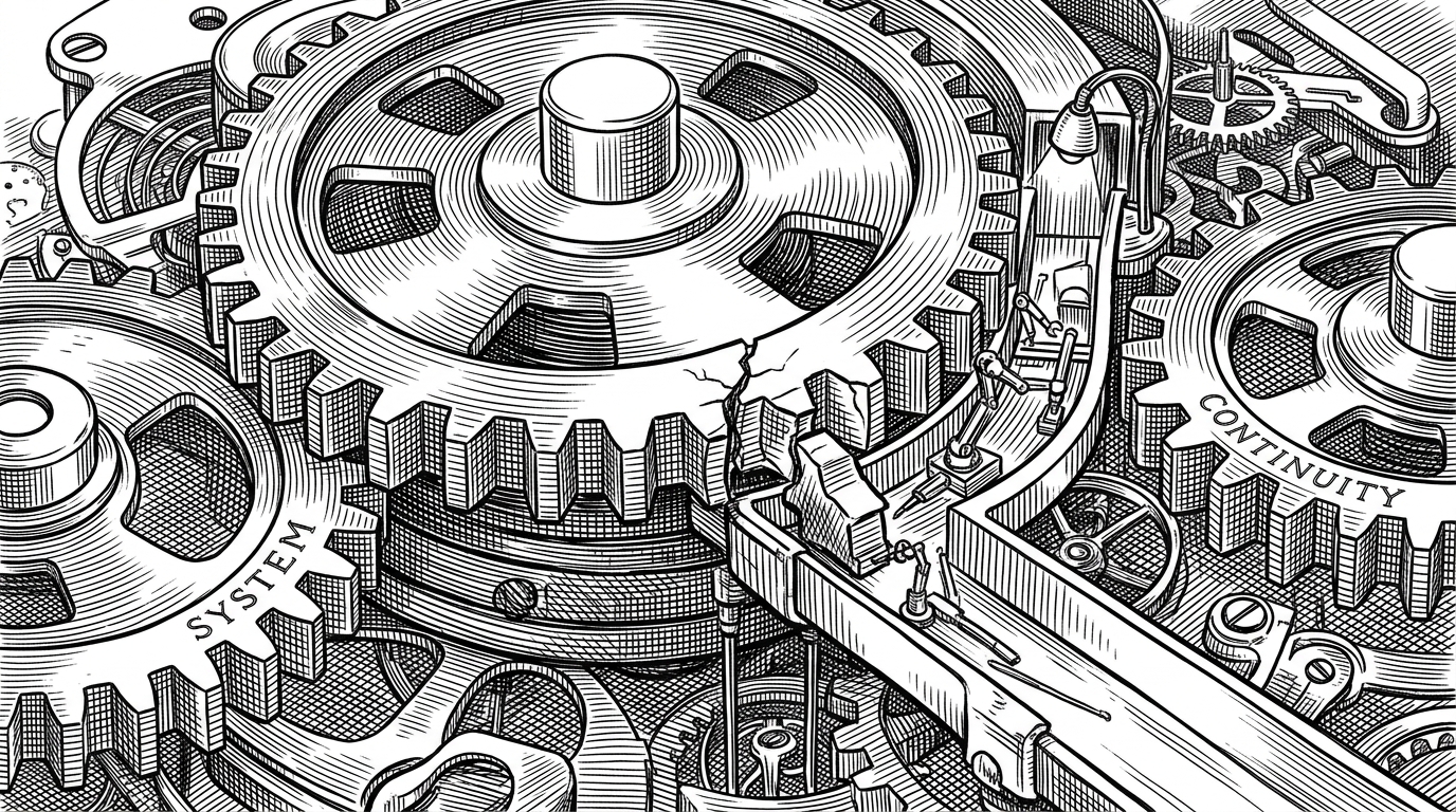 A tight close-up of a cracked gear tooth being routed through a narrow repair channel while the larger machine keeps turning. The scene shows one part of the system being inspected and corrected without stopping the whole mechanism, which explains TmuxAI's approach to confirmations, context trimming, and controlled execution.