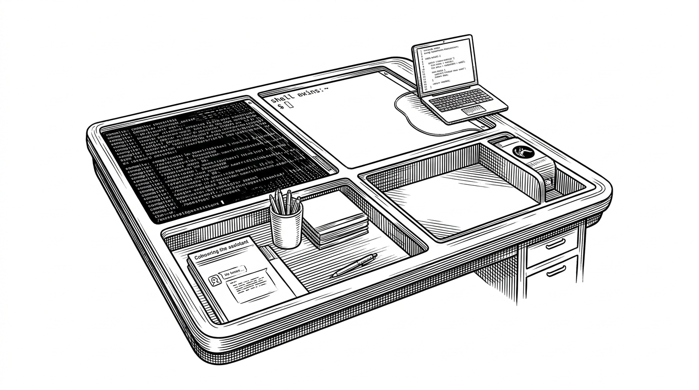A wide terminal control room rendered as a hand-drawn editorial scene. Multiple panes are arranged like a workbench, with one pane showing build output, another showing a shell prompt, another holding assistant chat, and a separate bay set aside for execution. The scene explains that the project treats tmux as a live workspace with distinct roles, not a single flat prompt.