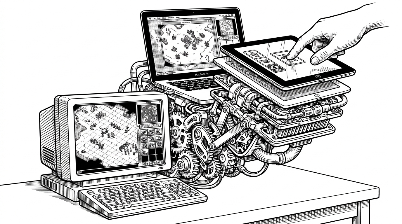 A vintage RTS command console is layered into a modern Apple device stack. The battlefield map and command panel sit in front, while mechanical adapters labeled as graphics translation layers feed into an iPad and a MacBook. The image explains that the game’s original engine survives by being translated, not emulated.