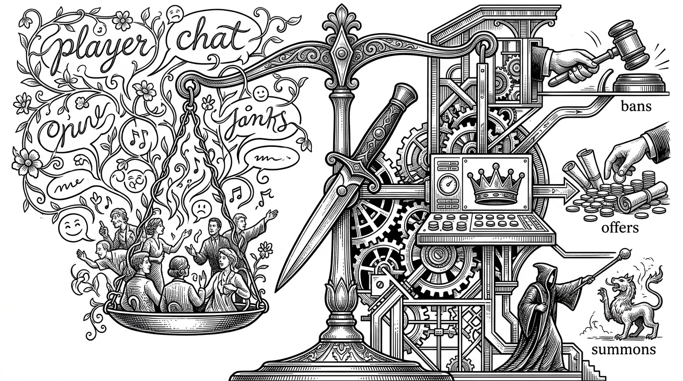 A game chat window split into normal conversation and slash-command actions. One side shows chat lines, while the other branches into commands for trading, bans, and summons, with the cursor sitting between speech and control. The image explains how the UI behaves like an operational shell.