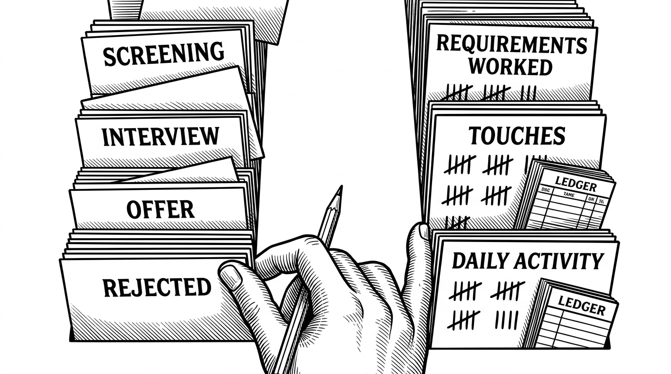 Two parallel columns show candidate outcomes on one side and recruiter effort on the other. Outcome cards move through Screening, Interview, Offer, and Rejected. Effort cards count requirements worked and daily activity. The image explains that the project measures output and labor separately, which is why it feels like BI instead of a simple tracker.