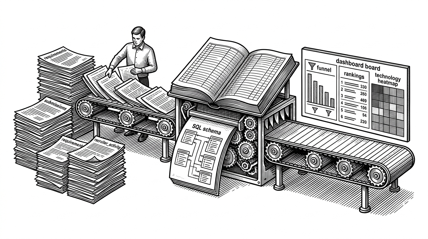 A recruiter’s desk becomes a reporting assembly line. CSV sheets feed into a ledger, then into a dashboard with funnel bars and ranking charts. The image explains that the project’s real product is the transformation from raw hiring data into decision-ready reporting.