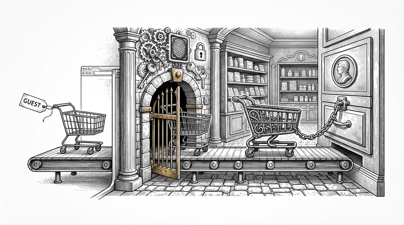A wide storefront cross-section shows a guest shopping cart moving from an anonymous browser window through an authentication gate and into a permanent account-bound cart drawer. The image explains that the real problem Prostore solves is not product display, but ownership transfer when a visitor becomes a customer.