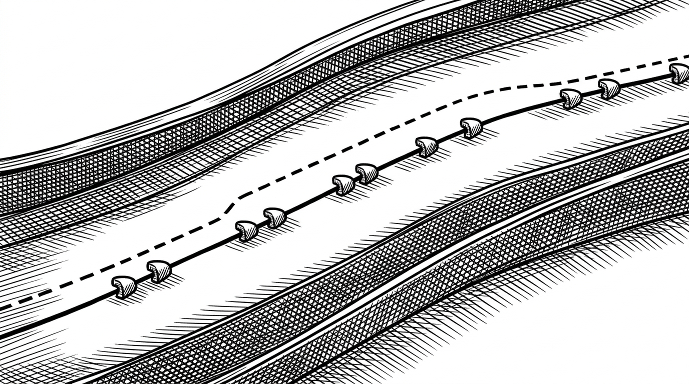 A close-up view of a single route line broken into layered segments, with solid confirmed path, dashed projected path, and small playback markers moving along it. The image explains how the app turns route geometry into a time-indexed simulation instead of a static map drawing.