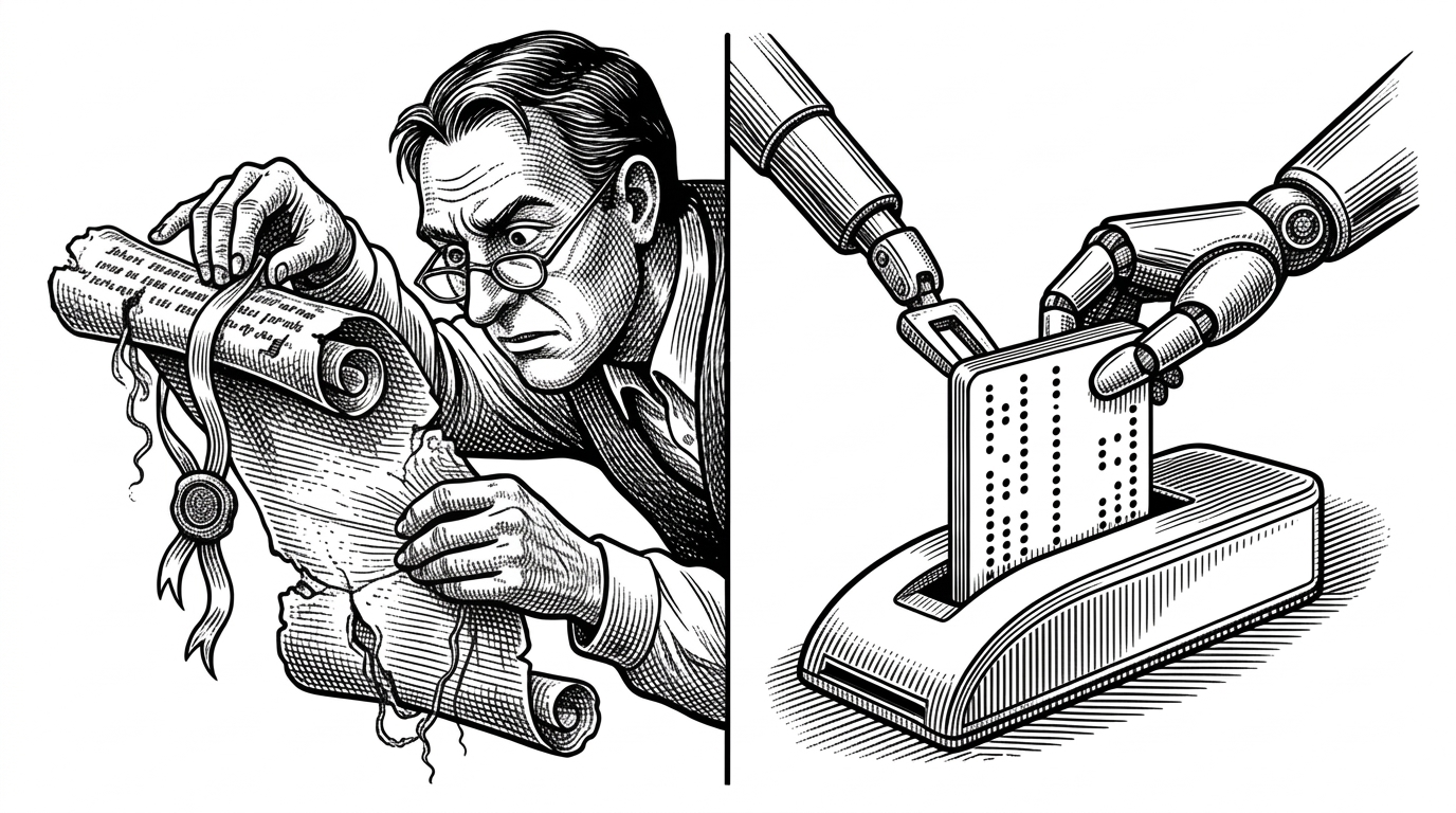 A human struggling with a complex scroll while a machine inserts a clean punch card