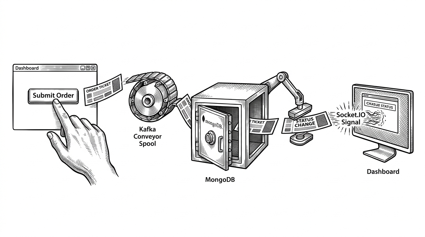 A hand submits an order in a dashboard window, then the order token travels through a Kafka conveyor, a MongoDB vault, a worker stamp, and a live Socket.IO signal back to the screen. The scene explains how one user action becomes a chain of asynchronous handoffs while still feeling immediate to the person watching the UI.