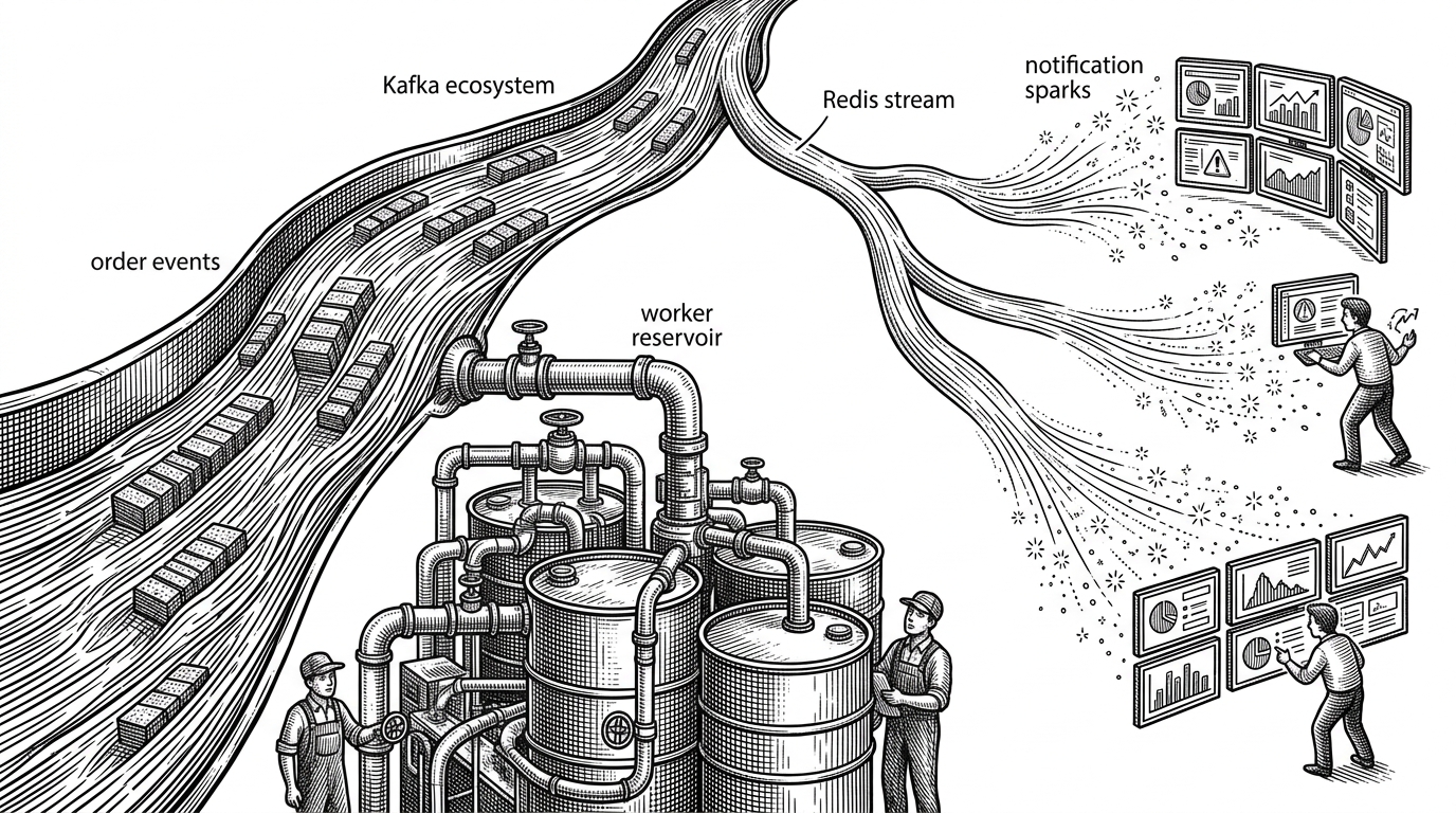 Two separate lanes run side by side. The left lane is a heavy river of Kafka order events feeding a worker reservoir. The right lane is a lighter Redis stream that fans small notification sparks to many dashboard screens. The scene explains why durable event streaming and transient browser updates are deliberately separated.