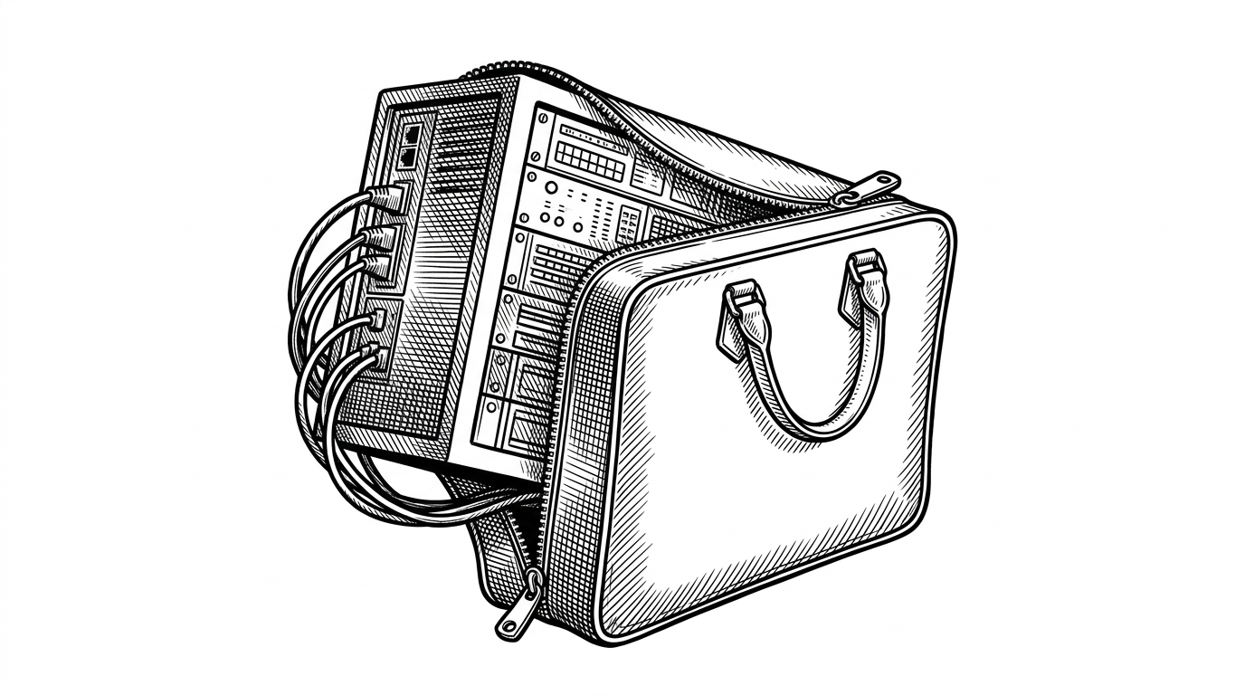 A heavy, industrial server rack with thick cables and blinking lights being seamlessly zipped into a sleek, modern leather briefcase.
