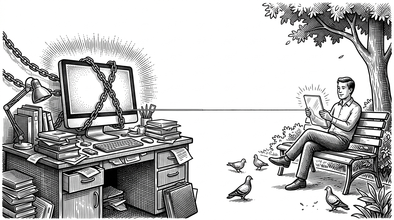 A messy desk with a glowing, heavy desktop computer tethered to the wall by multiple thick chains on the left, and a person sitting comfortably on a park bench holding a thin, glowing glass slab connected by a single, perfectly straight, taut thread on the right.