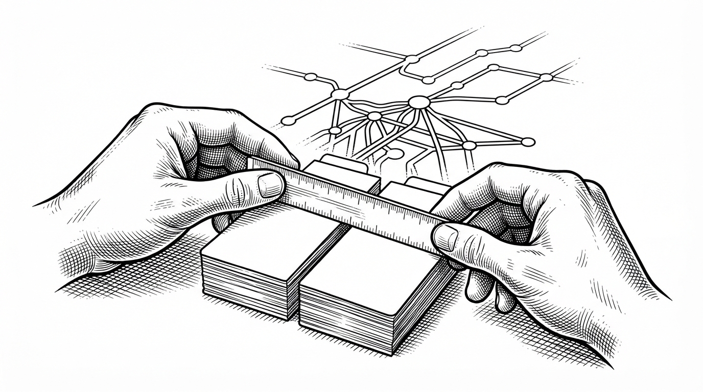 A close-up shows a hand using a ruler to split a stack of index cards down the middle, while a layered network of connected nodes recedes behind it. The foreground split explains BBSP or KD-tree pruning, and the background network explains why graph search becomes the broader answer when the space gets harder.