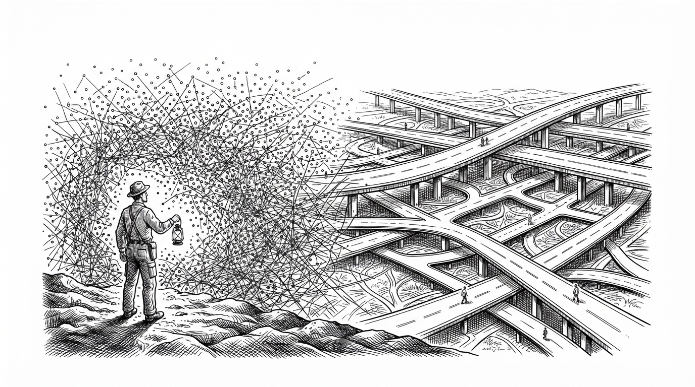 A wide editorial scene shows a surveyor crossing a dense field of floating points on the left, then a more navigable system of layered routes and branching paths on the right. The image explains how semantic search changes from brute-force movement through a cloud of vectors into organized traversal through structures that can prune or accelerate the search.