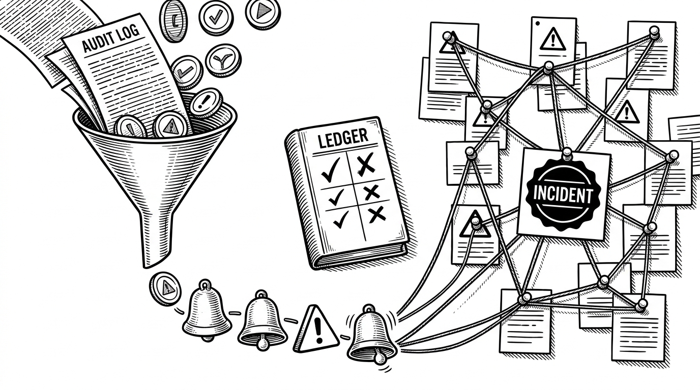 A close-up editorial illustration showing raw audit events being pulled into a narrow line of alerts on the left, then gathered into a graph of incident nodes on the right. A small ledger of ground truth sits beneath the flow, linking detected events to labeled anomalies. The scene explains how the system compresses noise into incidents and then checks itself against known labels.