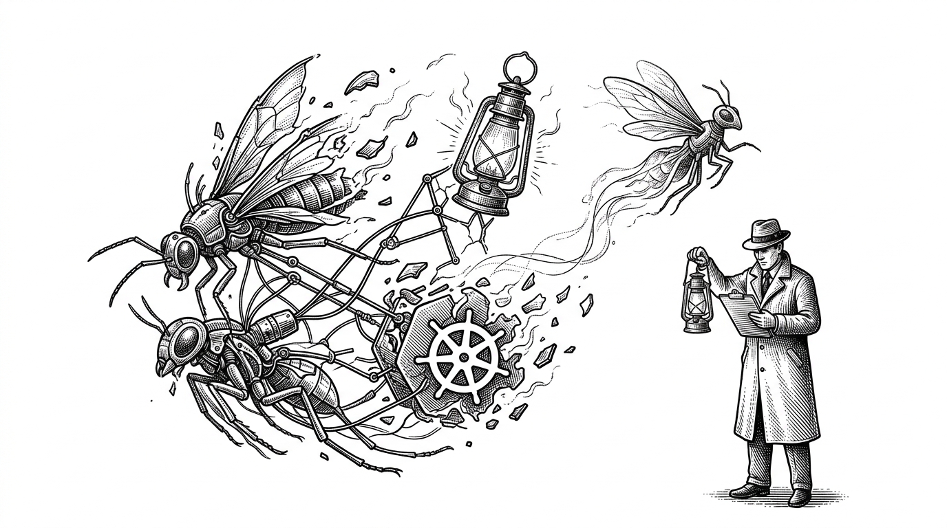 A wide black-ink illustration of fragile cloud-native assets dissolving on a white field while a lone investigator captures their tags and timestamps before they vanish. The scene explains the core problem: security has to observe short-lived infrastructure before the evidence disappears.
