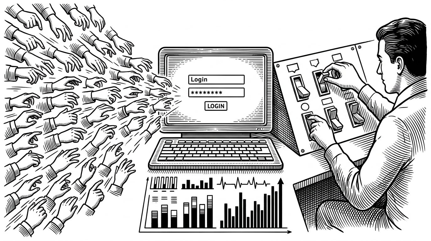 A wide login terminal sits at the center of a split editorial scene. On one side, a swarm of small hands pounds password guesses into a keyboard. On the other, a control panel flips live defense toggles while a telemetry dashboard spikes. The image explains SecureLab’s core idea: authentication defenses are not static, they change the outcome in real time.
