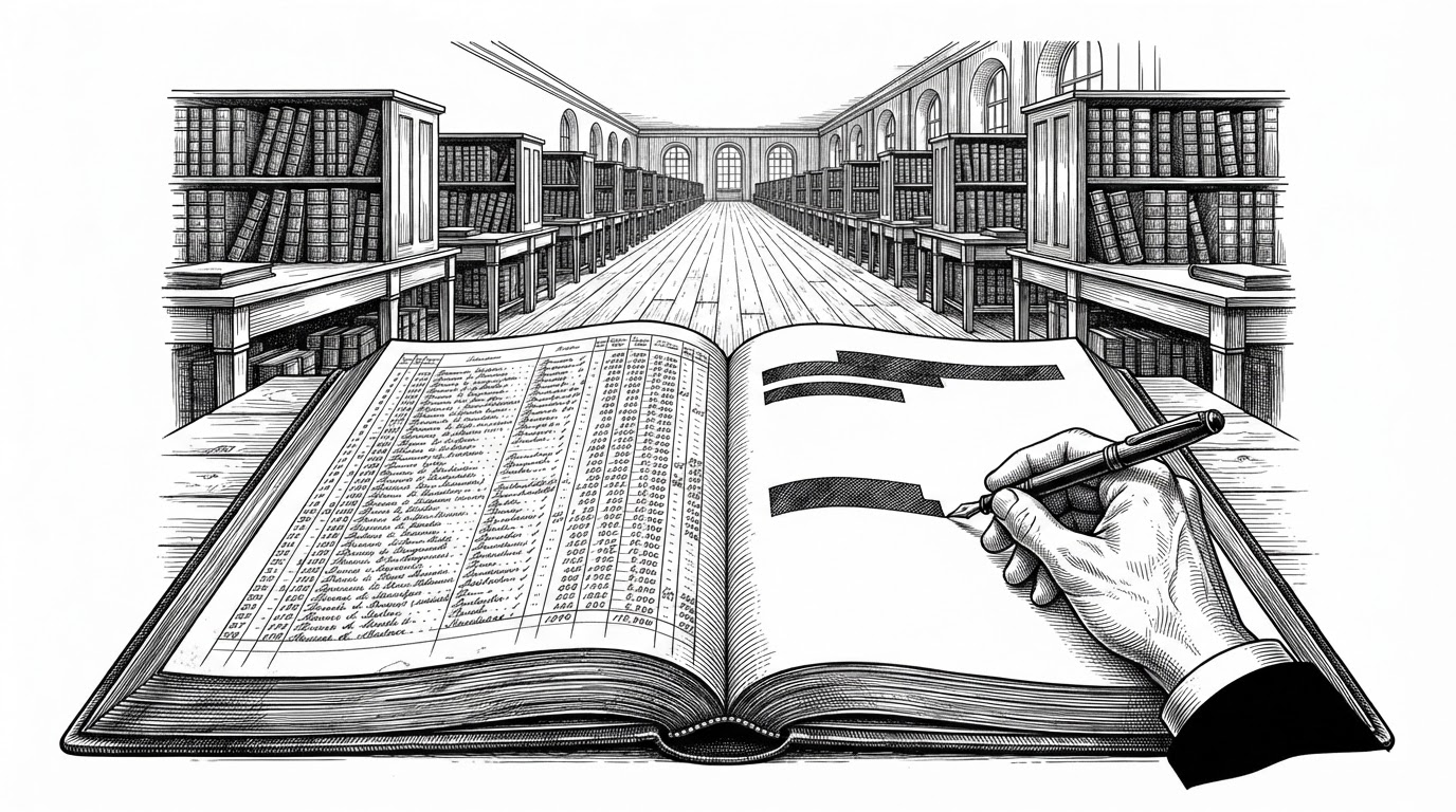 A wide editorial illustration of a vast reading room filled with long rows of identical loan ledgers receding to a vanishing point. In the foreground one ledger lies open, its left pages dense with entries and its right pages blank except for thick crosshatched bars, divided by a bright vertical seam. A single hand rests on the open page with a pen poised at the seam.