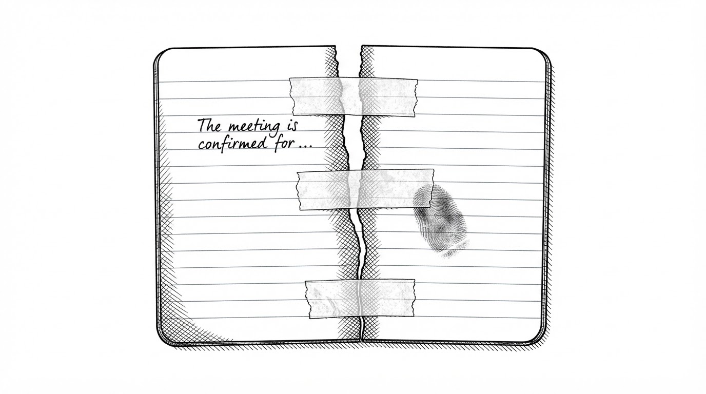 An extreme close-up editorial illustration of a single notebook page torn clean down the middle and taped back together with four strips of tape. The ruled lines jog at the seam and a fragment of handwriting on the left half has no continuation on the right. A graphite thumbprint smudges the tape. The page sits alone on a bare desk.