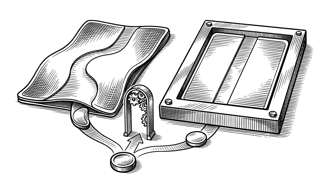 Two nearly identical dependency cards sit on a workbench. One card is flexible and bends slightly at the edges, while the other is locked in a rigid frame. A small update token approaches both, but a policy gate reroutes the token differently for each card. The image explains why `~=` and `==` create different automation outcomes.
