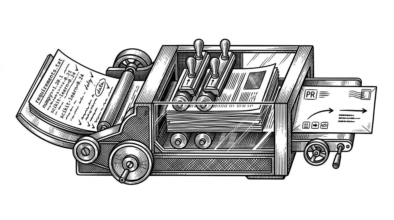 A sealed inspection machine sits between a requirements file on one side and a pull request envelope on the other. Sheets of log paper pass through a narrow chamber before the output is stamped and released. The scene explains that Dependabot is a sequence of checks and decisions, not a single magic update step.