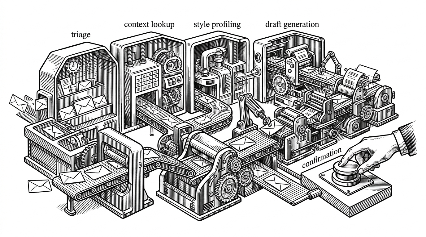 A mechanical inbox control room where envelopes move through chambers for triage, context lookup, style profiling, draft generation, and confirmation. A single human hand hovers over an approval control while the machine has already done the work. It explains that Exo shifts email from manual sorting to precomputed action.