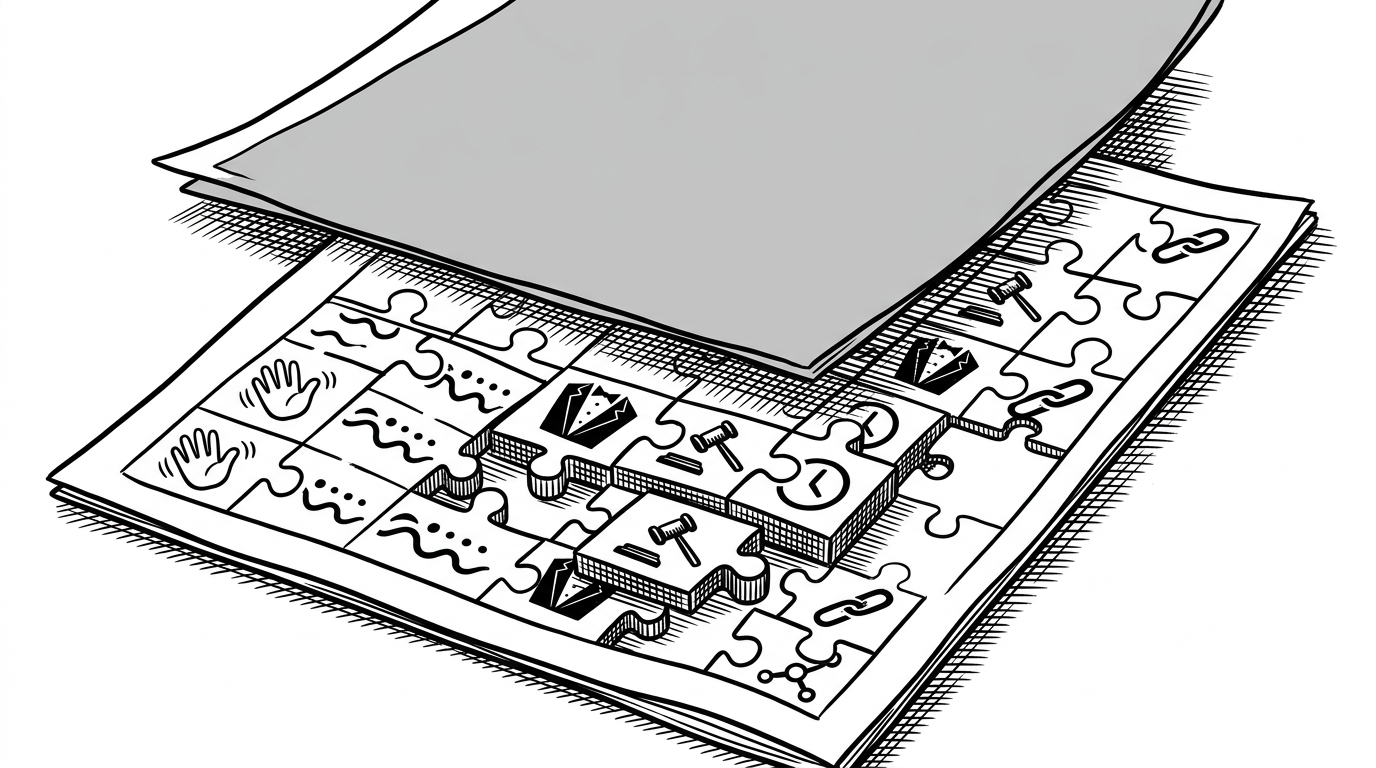 A close-up view of two stacked drafting surfaces. The upper surface shows a flat generic reply, while the lower one is assembled from small tiles labeled greeting, cadence, formality, sender history, and thread context. It shows that Exo's personalization is compositional rather than magical.