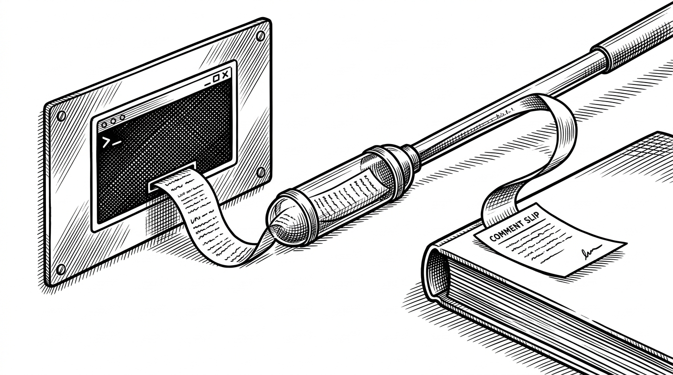 A close-up pipeline shows lint output moving from a terminal-like plate into a glass JSON capsule, through a narrow tube, and into a comment slip. It explains how the script uses `jq` and `curl` to turn raw output into a safe GitHub comment.