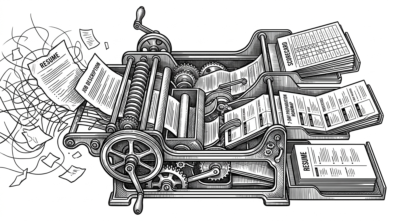 A resume and job description enter a rigid press with labeled compartments, and three clean outputs emerge on the other side: a scorecard, a day-by-day prep plan, and a polished resume page. The image explains the repo’s core idea: treat LLM output like a machine that must produce durable product data, not a freeform chat response.