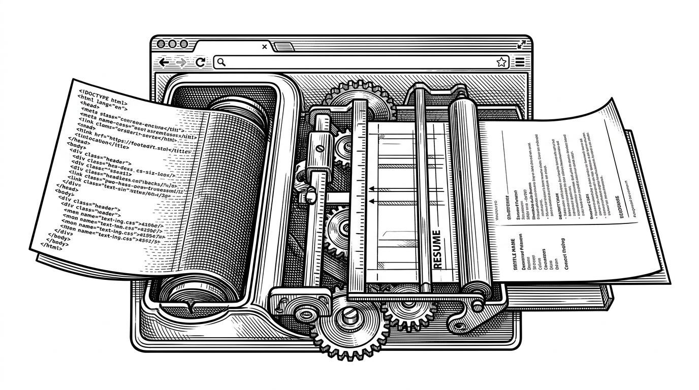 A browser-like print pipeline transforms a tailored HTML resume into a finished PDF sheet. The scene explains how the repo uses a headless browser as a layout engine instead of trying to draw a document directly from text.