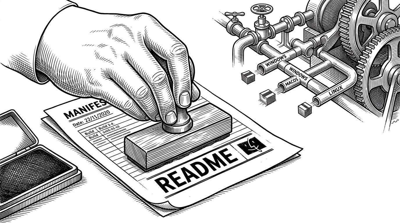 A close-up editorial scene of a hand stamping a README manifest while hidden machinery routes installers through labeled channels in the background. The image explains how a plain README can function as a release manifest that directs users to the right build artifacts.