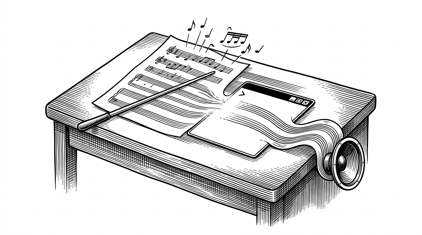 A conductor's score, a terminal window, and a speaker cone are fused into one scene. The image shows that the plugin's voice comes from instructions in the tool description before speech is synthesized and played back.