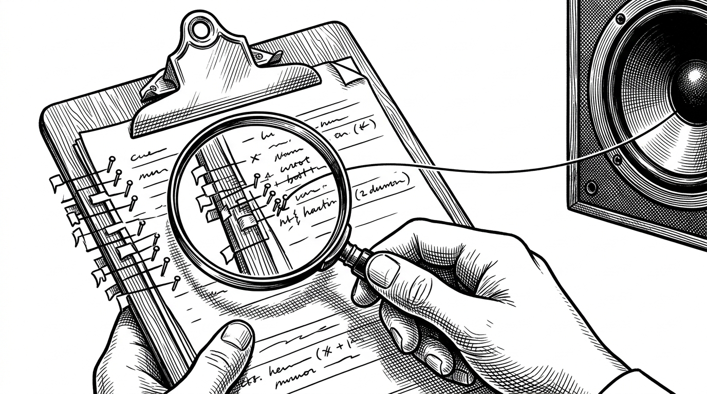 A tight close-up of a cue card, a magnifying glass, and a thread that leads into a speaker cone. The image explains how the tool description acts like margin notes that guide the generated voice.