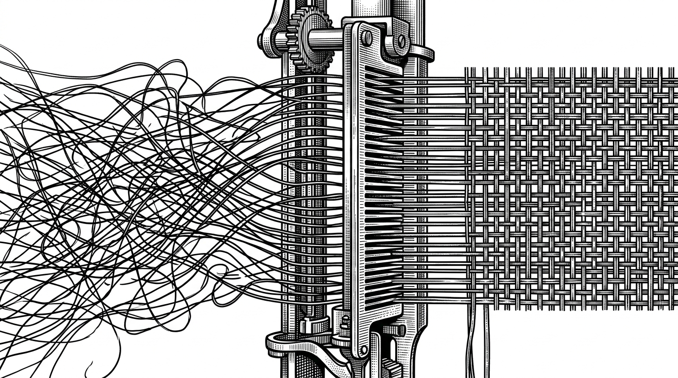 A macro view of a mechanical loom weaving a tapestry where tangled threads are forced into a perfect grid by a metal comb. This illustrates the Effect library organizing chaotic LLM outputs into structured data.