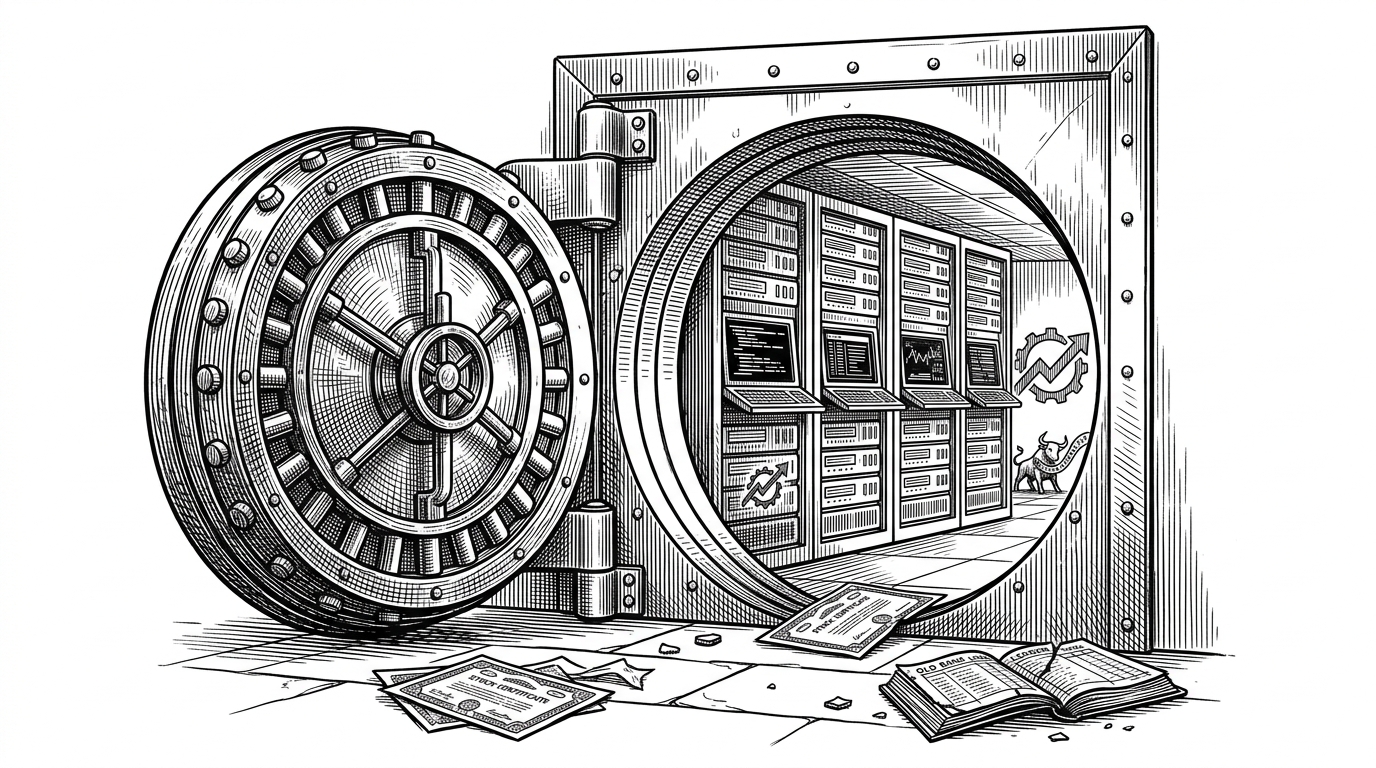 A heavy iron vault door blown off its hinges, revealing glowing server racks and terminal screens inside. This represents OpenCode breaking developers out of walled-garden proprietary AI ecosystems.