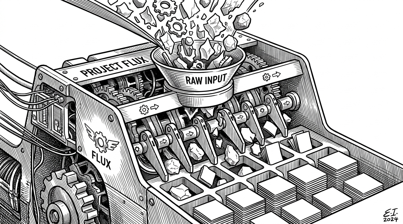 A close-up of a precise mechanical sorting sieve catching irregular debris and snapping it into uniform slots. It represents the stdin-parser taming chaotic terminal inputs.